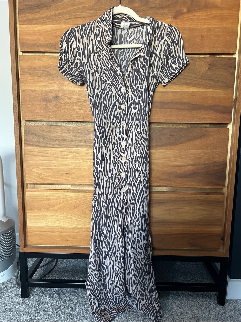 Wilfred Taupe and Black Animal Print Button-Front Maxi Dress